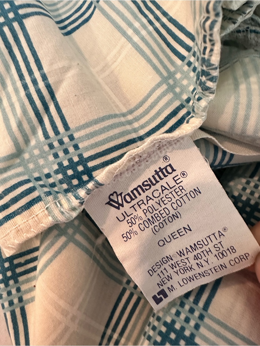 Vintage 1970s Wamsutta Ultracale Blue/White Plaid Queen Fitted Sheet~Poly Cotton - Picture 10 of 11
